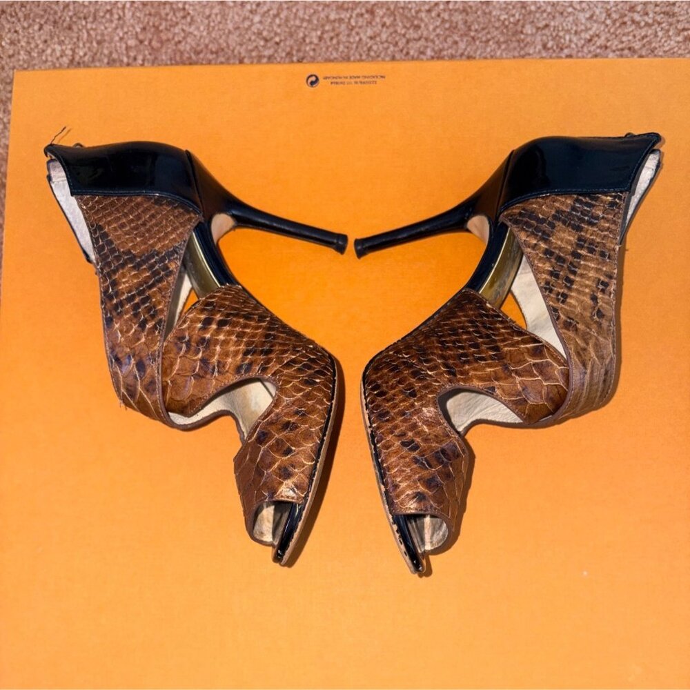 Michael Kors Elena Brown Snakeskin Leather Black Patent Heels Open Toe Sandals 6 - Picture 14 of 14